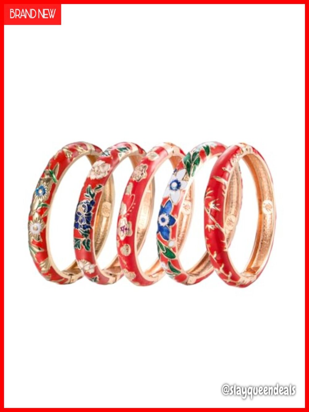 Enamel Cloisonne Flower Engraved Bangle Bracelets Set of 5